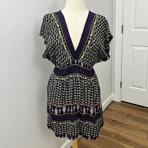 Angie Paisley Pattern Black Purple Floral V-Neck Swim Cover-Up Sz S